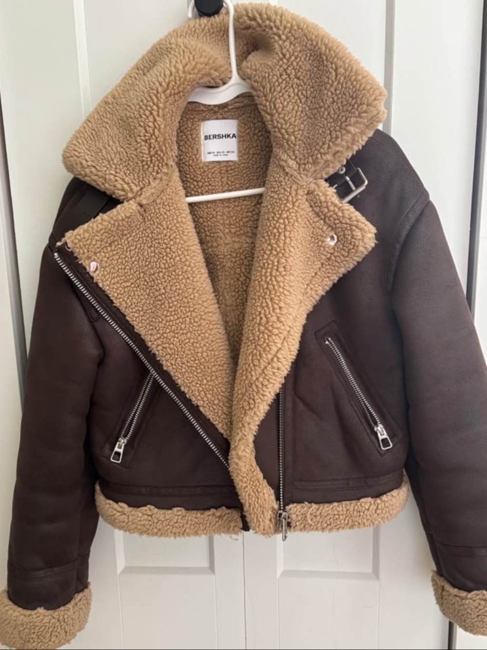 Bershka Dark Brown Faux Leather Aviator Jacket with Cream Shearling